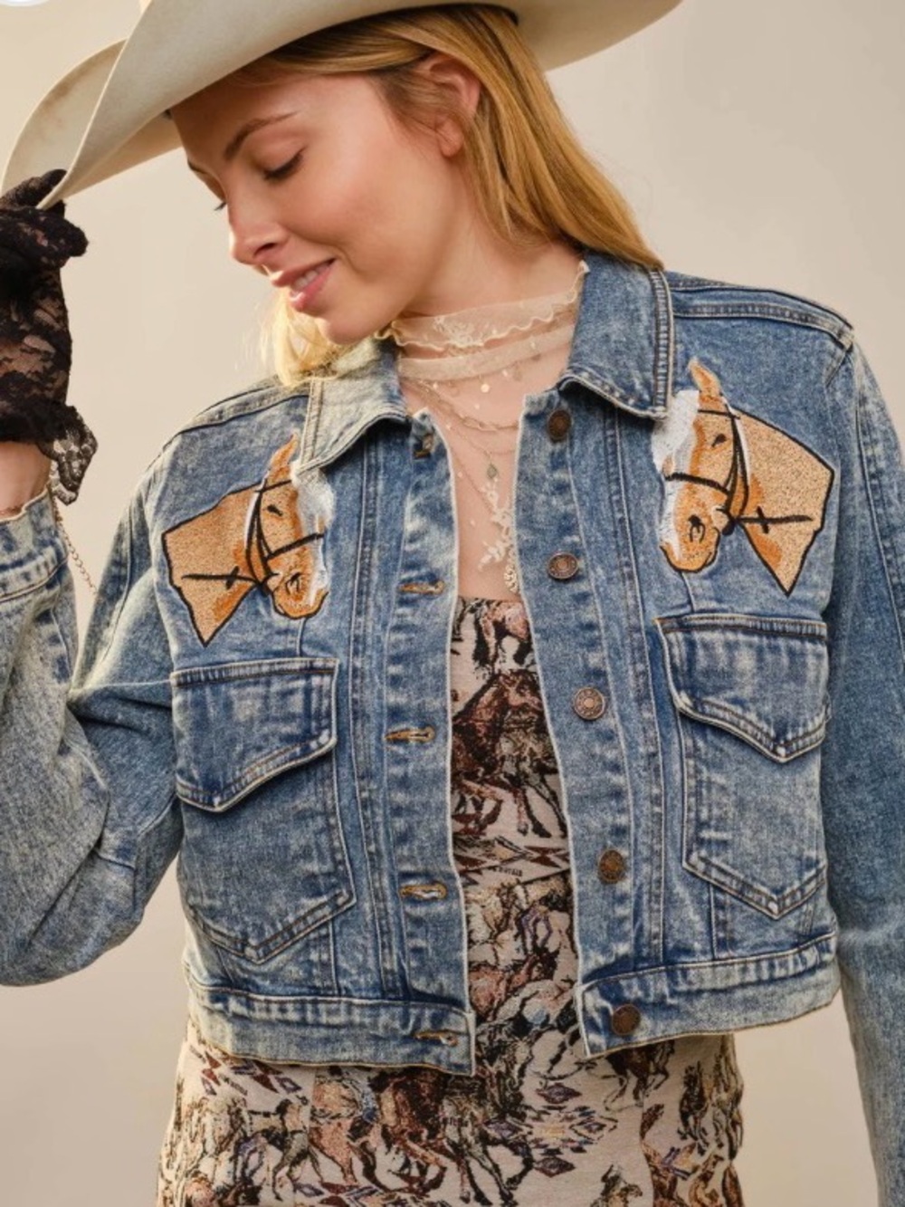 Women's Blue Embroidered Horse Denim Jacket